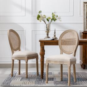 French Style Solid Wood Antique Linen & Rattan Dining Chair, Set Of 2, Cream (Color: Beige)