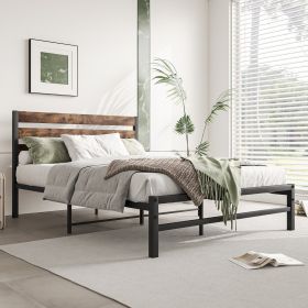 Rustic Vintage Wood Headboard Full Size Platform Bed With Metal Slats Support (Color: Black)
