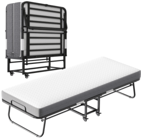 Folding Bed With Mattress  Foam Mattress All Steel Pipe Frame (Color: Black)