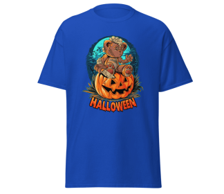 Halloween pumpkinhead teddy bear blackt-shirt merchyprint, size M (Color: Blue, size: L)